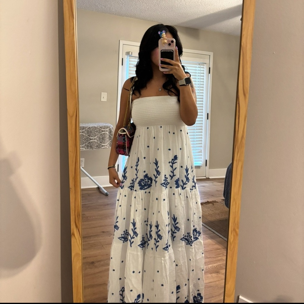 Altard State White Dress with Blue Floral Embroidery